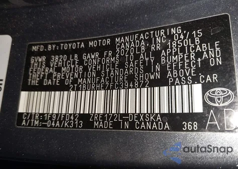 2015 Toyota Corolla S Plus из США, поврежденный, VIN 2T1BURHE7FC394872